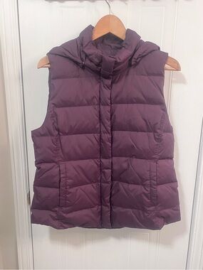 Eileen Fisher Down Puffer Vest Removable Hood Plum Size S EUC- Camping, Hiking